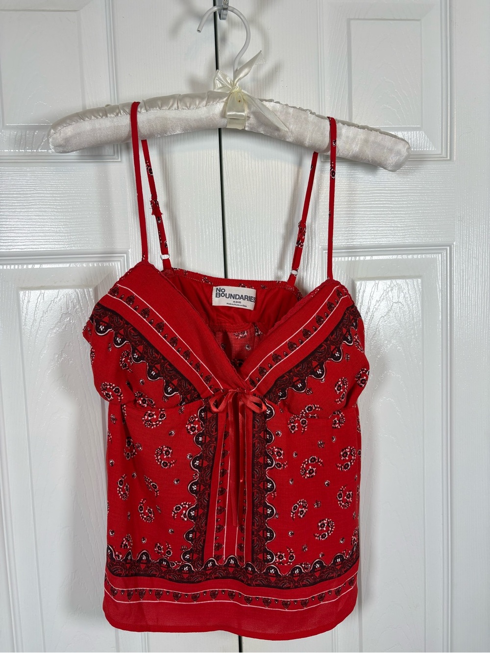 No Boundaries Red Paisley Bandana Style Tie-Front Camisole Top